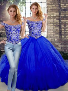 Royal Blue Two Pieces Beading and Ruffles Sweet 16 Dress Lace Up Tulle Sleeveless Floor Length