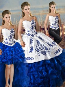 Noble Sleeveless Embroidery and Ruffles Lace Up Quinceanera Dress with Blue And White