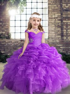 Straps Sleeveless Organza Little Girl Pageant Dress Beading and Ruffles and Pick Ups Lace Up