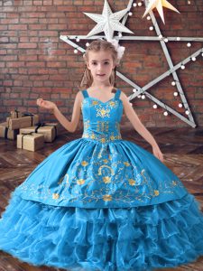 Gorgeous Floor Length Lace Up Girls Pageant Dresses Baby Blue for Wedding Party with Embroidery and Ruffled Layers