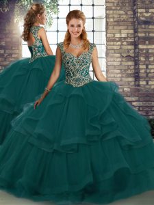 Custom Fit Peacock Green Tulle Lace Up 15 Quinceanera Dress Sleeveless Floor Length Beading and Ruffles