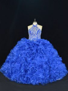 Ideal Royal Blue Ball Gowns Beading and Ruffles Sweet 16 Dresses Lace Up Organza Sleeveless Floor Length