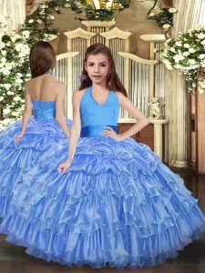 Organza Halter Top Sleeveless Lace Up Ruffled Layers Kids Pageant Dress in Blue