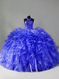 Pretty Blue Halter Top Zipper Beading and Ruffles Quinceanera Dress Brush Train Sleeveless