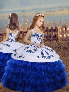 High Quality Sleeveless Floor Length Embroidery and Ruffled Layers Lace Up Little Girls Pageant Gowns with Royal Blue