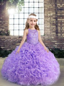 Classical Fabric With Rolling Flowers Scoop Sleeveless Lace Up Beading and Ruching Little Girl Pageant Dress in Lavender