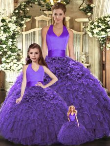 Flare Purple Ball Gowns Halter Top Sleeveless Tulle Floor Length Lace Up Ruffles Quinceanera Dress