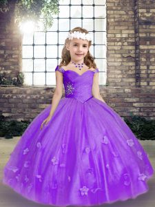 Fashion Lavender Ball Gowns Tulle Straps Sleeveless Beading and Hand Made Flower Lace Up Girls Pageant Dresses