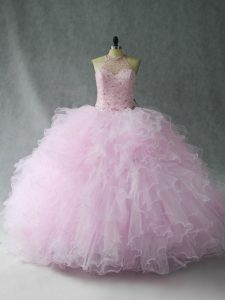 New Style Sleeveless Floor Length Beading and Ruffles Lace Up Quinceanera Dresses with Lilac