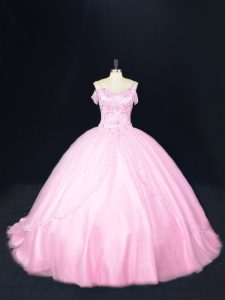 Comfortable Sleeveless Tulle Court Train Lace Up Sweet 16 Dress in Baby Pink with Beading