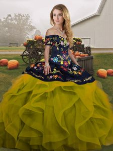 Cheap Olive Green Ball Gowns Tulle Off The Shoulder Sleeveless Embroidery and Ruffles Floor Length Lace Up Quinceanera Gown