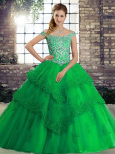 Fashionable Off The Shoulder Sleeveless 15th Birthday Dress Brush Train Beading and Lace Green Tulle