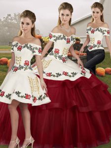 Comfortable Wine Red Three Pieces Embroidery and Ruffled Layers Sweet 16 Dresses Lace Up Tulle Sleeveless