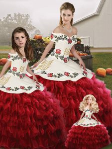 Ball Gowns 15 Quinceanera Dress Wine Red Off The Shoulder Organza Sleeveless Floor Length Lace Up