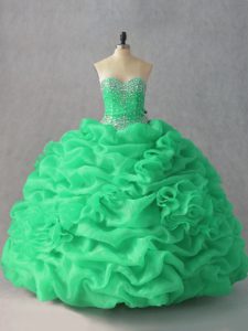 Latest Green Lace Up Sweetheart Beading and Pick Ups and Hand Made Flower 15th Birthday Dress Organza Sleeveless