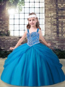 Excellent Blue Sleeveless Tulle Lace Up Little Girls Pageant Gowns for Party and Sweet 16 and Wedding Party