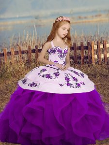 Custom Made Purple Straps Lace Up Embroidery and Ruffles Little Girl Pageant Dress Sleeveless