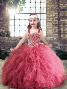 Pink Lace Up Straps Beading and Ruffles Little Girl Pageant Gowns Tulle Sleeveless