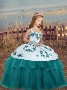 Dazzling Teal Sleeveless Floor Length Embroidery Lace Up Little Girls Pageant Dress Wholesale