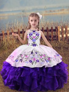 Purple Ball Gowns Organza Scoop Sleeveless Embroidery and Ruffles Floor Length Lace Up Pageant Gowns For Girls