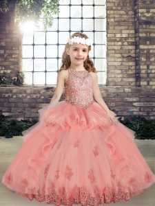 Custom Fit Floor Length Ball Gowns Sleeveless Watermelon Red Little Girl Pageant Gowns Lace Up