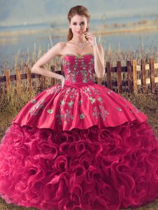 Dazzling Sweetheart Sleeveless Quinceanera Gowns Embroidery and Ruffles Coral Red Fabric With Rolling Flowers