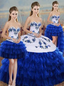 Custom Designed Royal Blue Lace Up Sweetheart Embroidery and Ruffled Layers and Bowknot Sweet 16 Dresses Organza Sleeveless