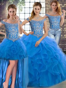 Great Blue Tulle Lace Up Off The Shoulder Sleeveless Quinceanera Dresses Brush Train Beading and Ruffles