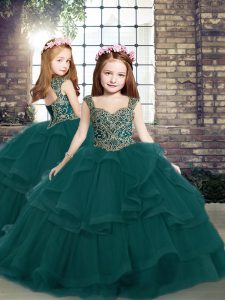 Fancy Peacock Green Ball Gowns Beading and Ruffles Little Girls Pageant Dress Lace Up Tulle Sleeveless Floor Length