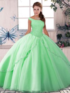 Luxurious Apple Green Lace Up Off The Shoulder Beading Sweet 16 Quinceanera Dress Tulle Sleeveless Brush Train