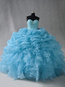 Fashion Baby Blue Ball Gowns Sweetheart Sleeveless Organza Floor Length Lace Up Beading and Ruffles and Pick Ups 15 Quinceanera Dress