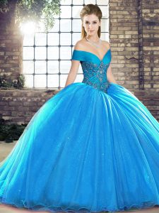 Blue Lace Up Quinceanera Gowns Beading Sleeveless Brush Train