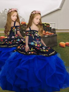 Dazzling Ball Gowns Kids Formal Wear Royal Blue Straps Tulle Sleeveless Floor Length Lace Up