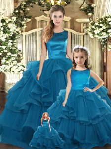 Sleeveless Tulle Floor Length Lace Up Quinceanera Gowns in Teal with Ruffles