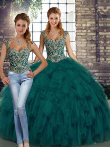 Fantastic Floor Length Lace Up Quinceanera Dress Peacock Green for Military Ball and Sweet 16 and Quinceanera with Beading and Ruffles