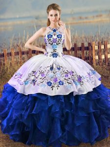 Halter Top Sleeveless Quinceanera Gowns Floor Length Embroidery and Ruffles Blue And White Organza