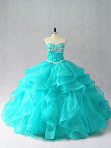 Floor Length Aqua Blue Quinceanera Gowns Sweetheart Sleeveless Lace Up