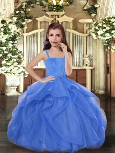 Modern Blue Sleeveless Tulle Lace Up Little Girls Pageant Gowns for Sweet 16 and Wedding Party