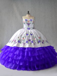 Beauteous Blue And White Sleeveless Floor Length Embroidery and Ruffled Layers Lace Up Sweet 16 Quinceanera Dress