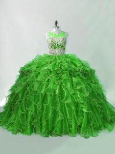 Beautiful Green Zipper Scoop Beading and Ruffles Vestidos de Quinceanera Organza Sleeveless Brush Train