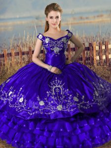 Romantic Satin and Organza Off The Shoulder Sleeveless Lace Up Embroidery and Ruffled Layers Ball Gown Prom Dress in Purple