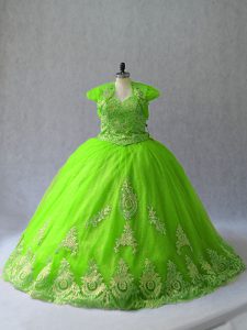 Stylish Sweetheart Sleeveless Tulle 15 Quinceanera Dress Appliques Court Train Lace Up