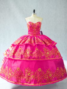 Dazzling Sleeveless Organza Lace Up 15th Birthday Dress in Hot Pink with Embroidery and Ruffled Layers