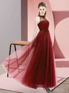 Comfortable Floor Length Wine Red Quinceanera Dama Dress Tulle Sleeveless Beading and Appliques