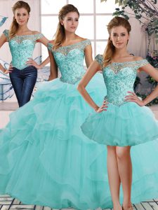 Aqua Blue Quinceanera Dress Military Ball and Sweet 16 and Quinceanera with Beading and Ruffles Off The Shoulder Sleeveless Lace Up