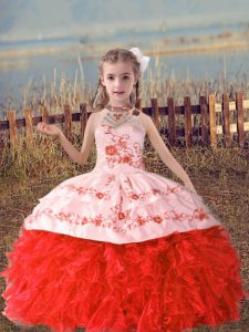 Coral Red Sleeveless Organza Lace Up Little Girls Pageant Gowns for Wedding Party