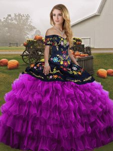 Wonderful Black And Purple Ball Gowns Embroidery and Ruffled Layers 15 Quinceanera Dress Lace Up Organza Sleeveless Floor Length