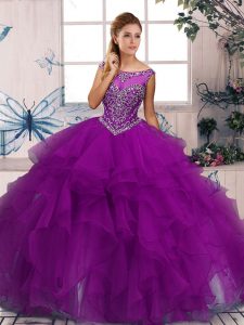 Lovely Floor Length Purple 15th Birthday Dress Organza Sleeveless Beading and Ruffles