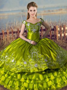 Modest Off The Shoulder Sleeveless Quince Ball Gowns Floor Length Embroidery and Ruffled Layers Olive Green Satin and Organza