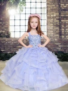 Lavender Kids Pageant Dress Party and Wedding Party with Beading and Ruffles Straps Sleeveless Lace Up